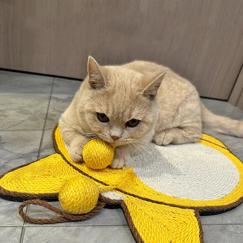 Yellow corgi-butt design sisal cat scratching pad with anti-slip base, shown with adhesive hooks.