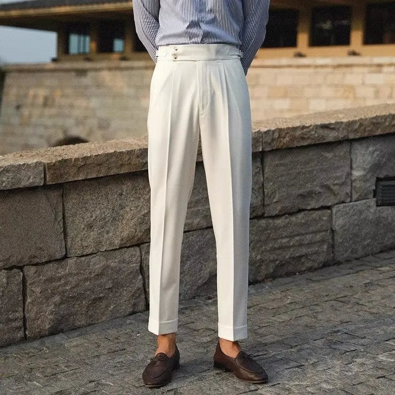 Men's slim fit business trousers in chemical fibre blend fabric with straight leg cut