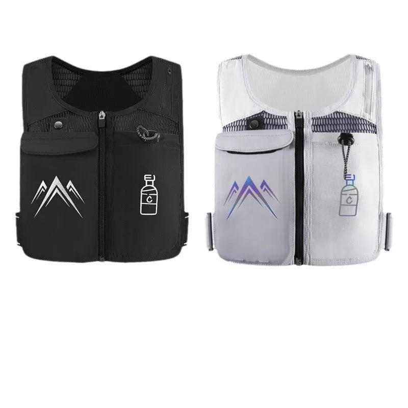 Black breathable mesh sports running vest with a front mobile phone pocket.