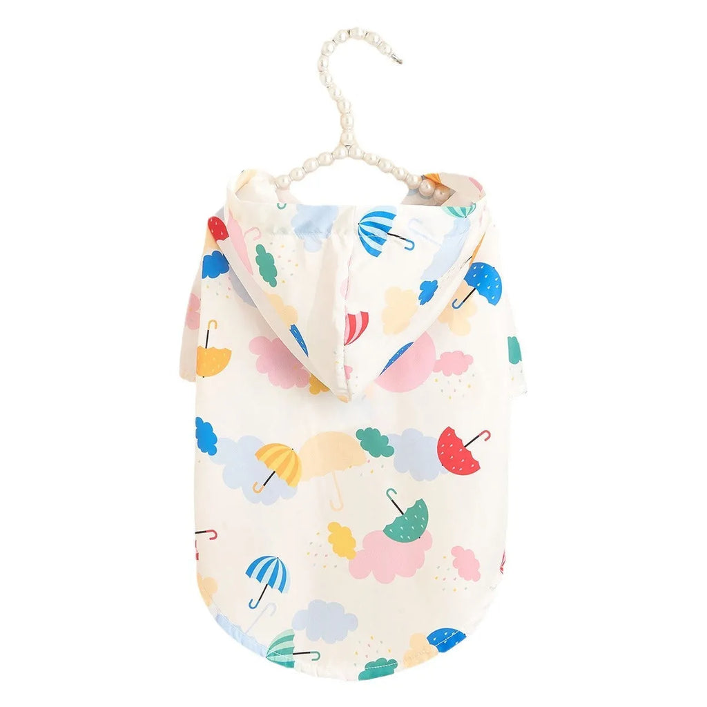 Colourful cartoon umbrella pattern pet raincoat for dogs in sizes XS to XL.
