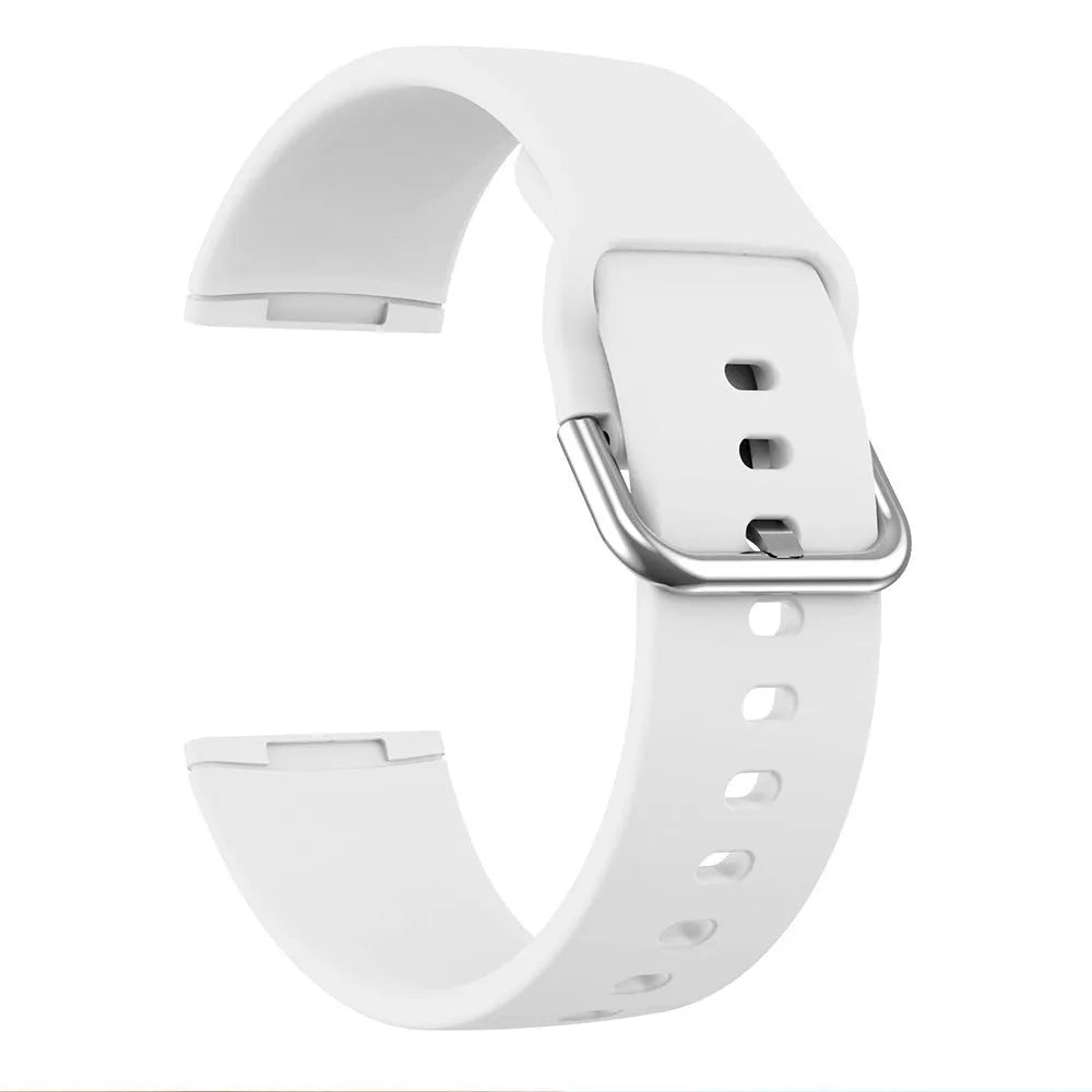 Solid colour silicone replacement strap with silver buckle for Fitbit Versa 3 and Sense 2 smartwatches.