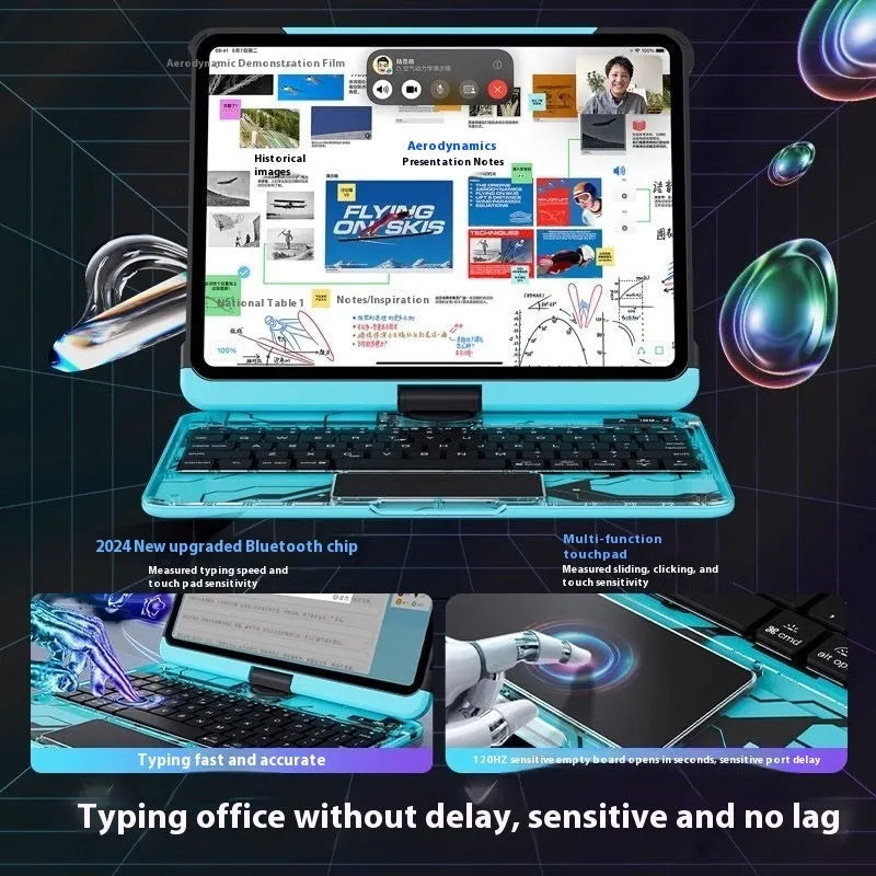 Blue iPad protective case showing shockproof PC construction with mute keyboard compatibility feature