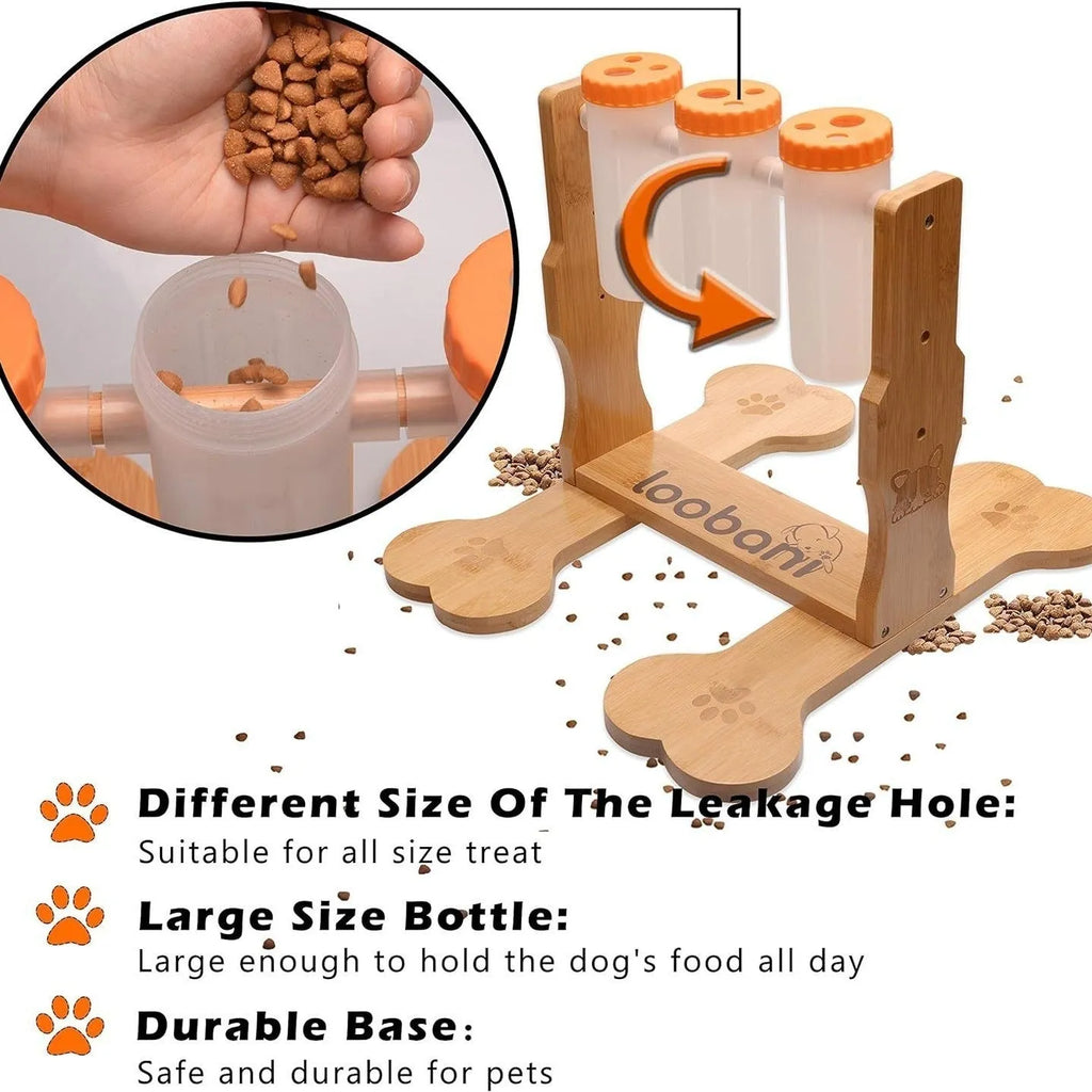 Wooden dog puzzle toy with sliding blocks showing treat compartments measuring 31x30x20cm