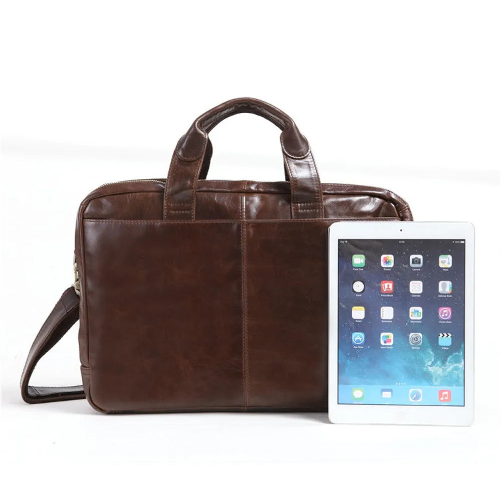 Brown 18-inch first layer cowhide business briefcase with laptop compartment and polyester cotton lining
