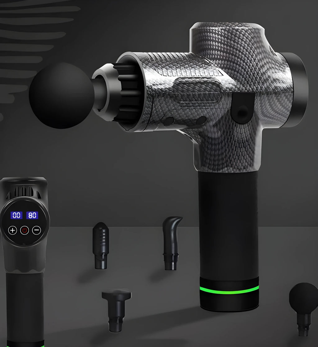 Electric muscle massage gun with multiple interchangeable heads on black background