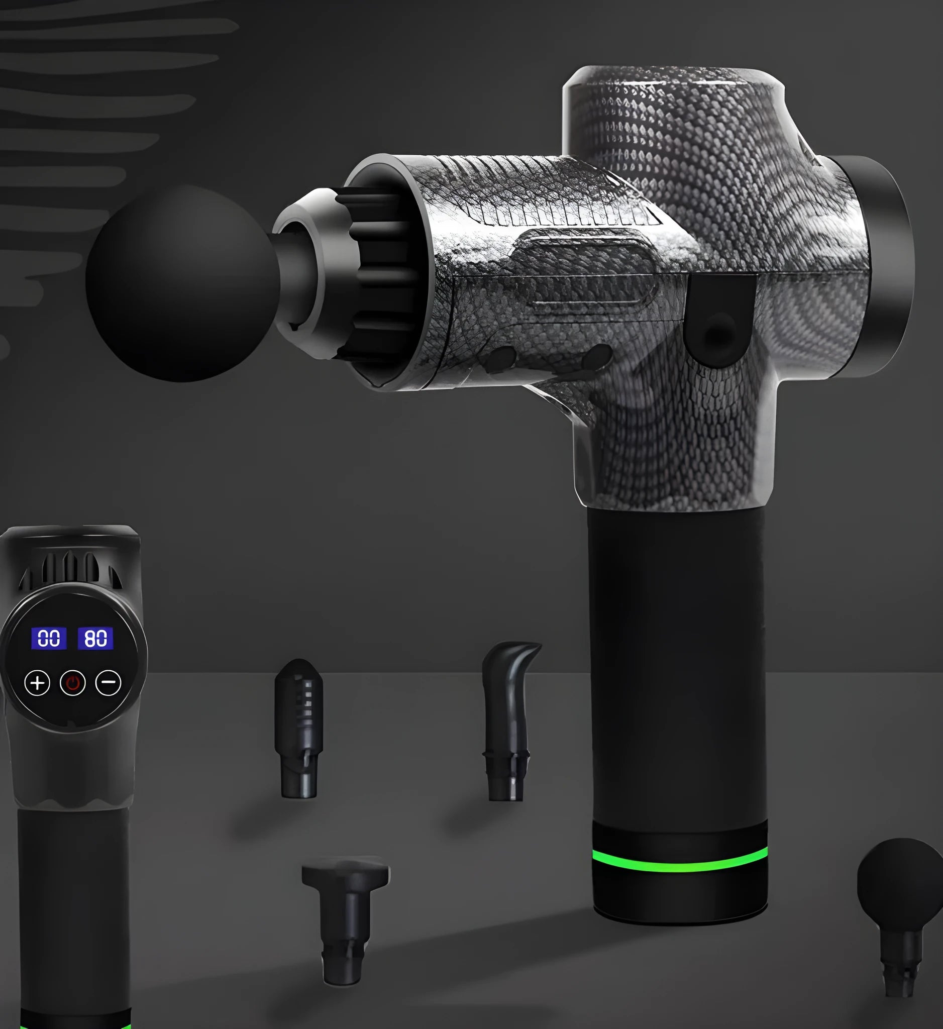 Electric muscle massage gun with multiple interchangeable heads on black background