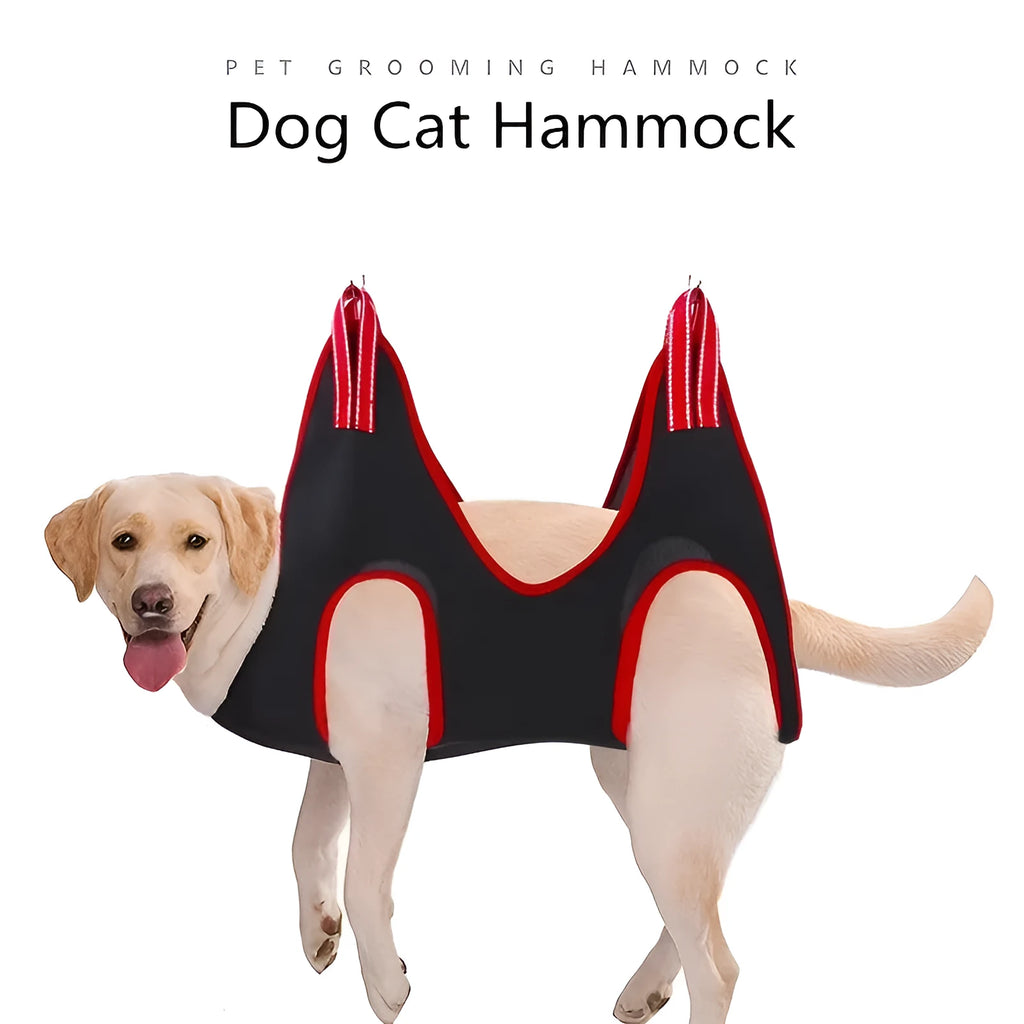 Pet grooming hammock restraint bag in four sizes hanging for cat and dog nail trimming and bathing.