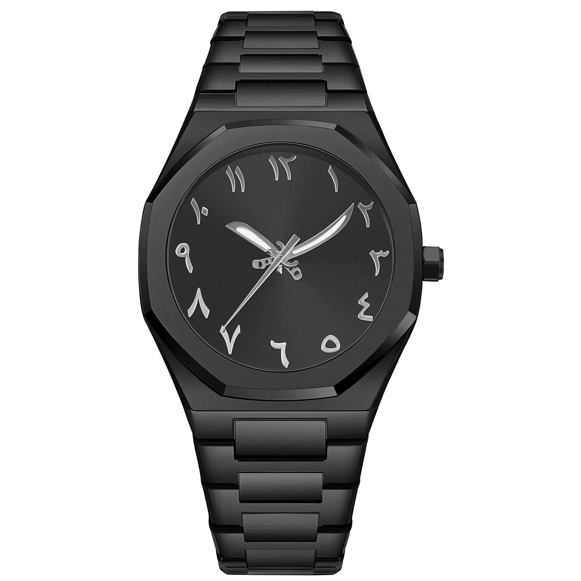 Men's business casual quartz watch with stainless steel strap showing black dial and 10mm thickness.
