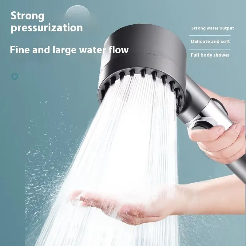 Portable shower head with modern design showing adjustable gear settings for spray, massage, and rain shower functions