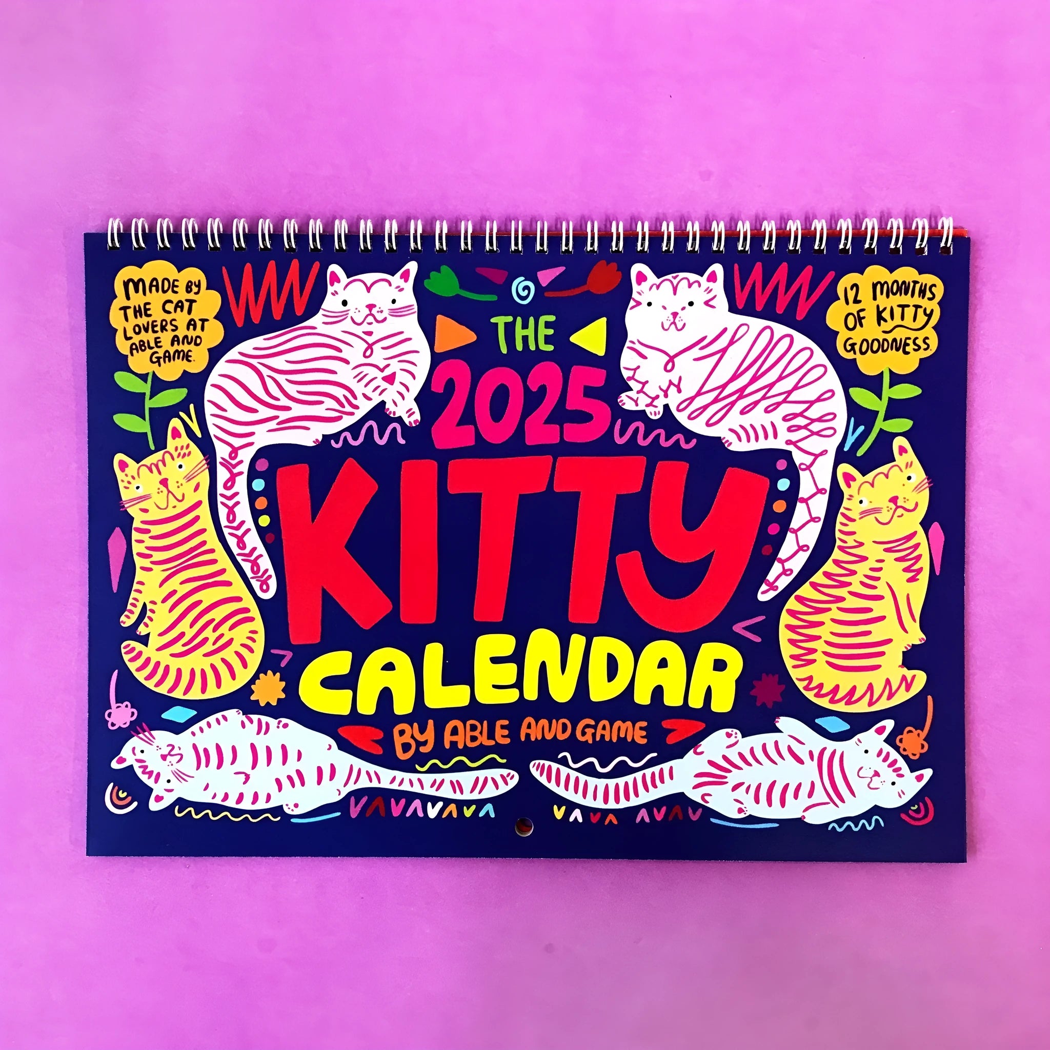 Cat-themed wall calendar planner for 2024 or 2025 year on paper
