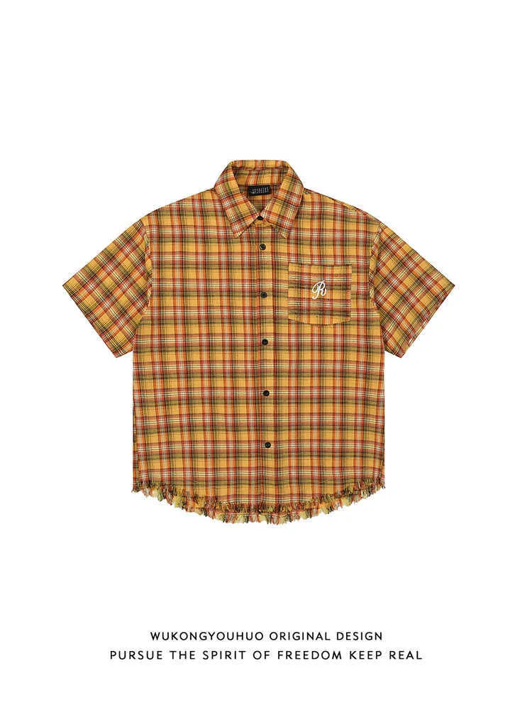 Yellow grid plaid short sleeve shirt with loose fit and embroidery pocket