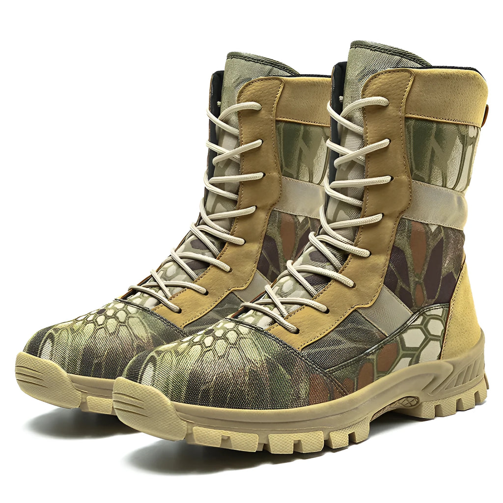 Men's black and camouflage high-top Martin boots with mesh upper and totem detailing