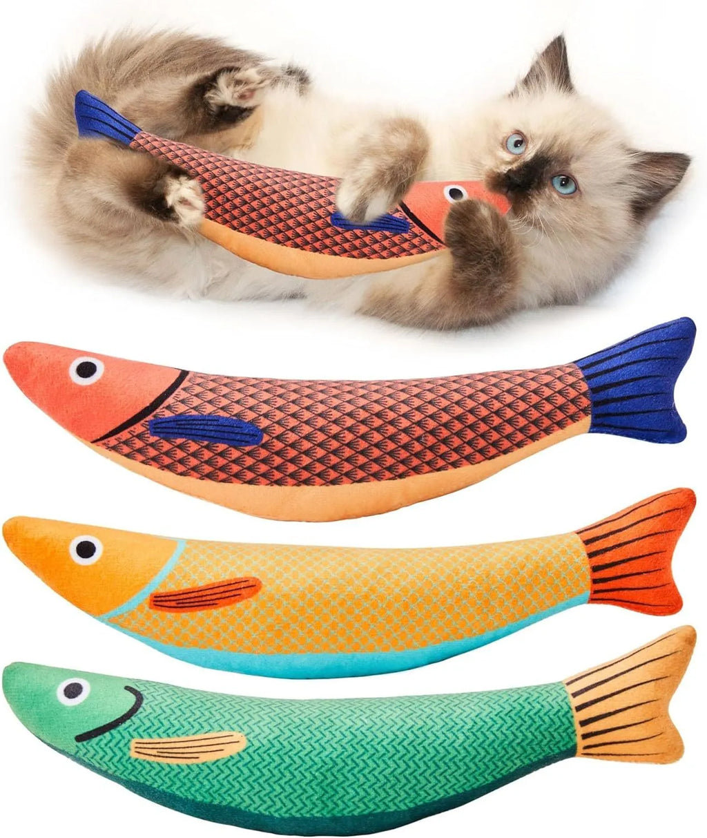 Soft green saury fish cat toy with organic catnip filler and crinkle sound