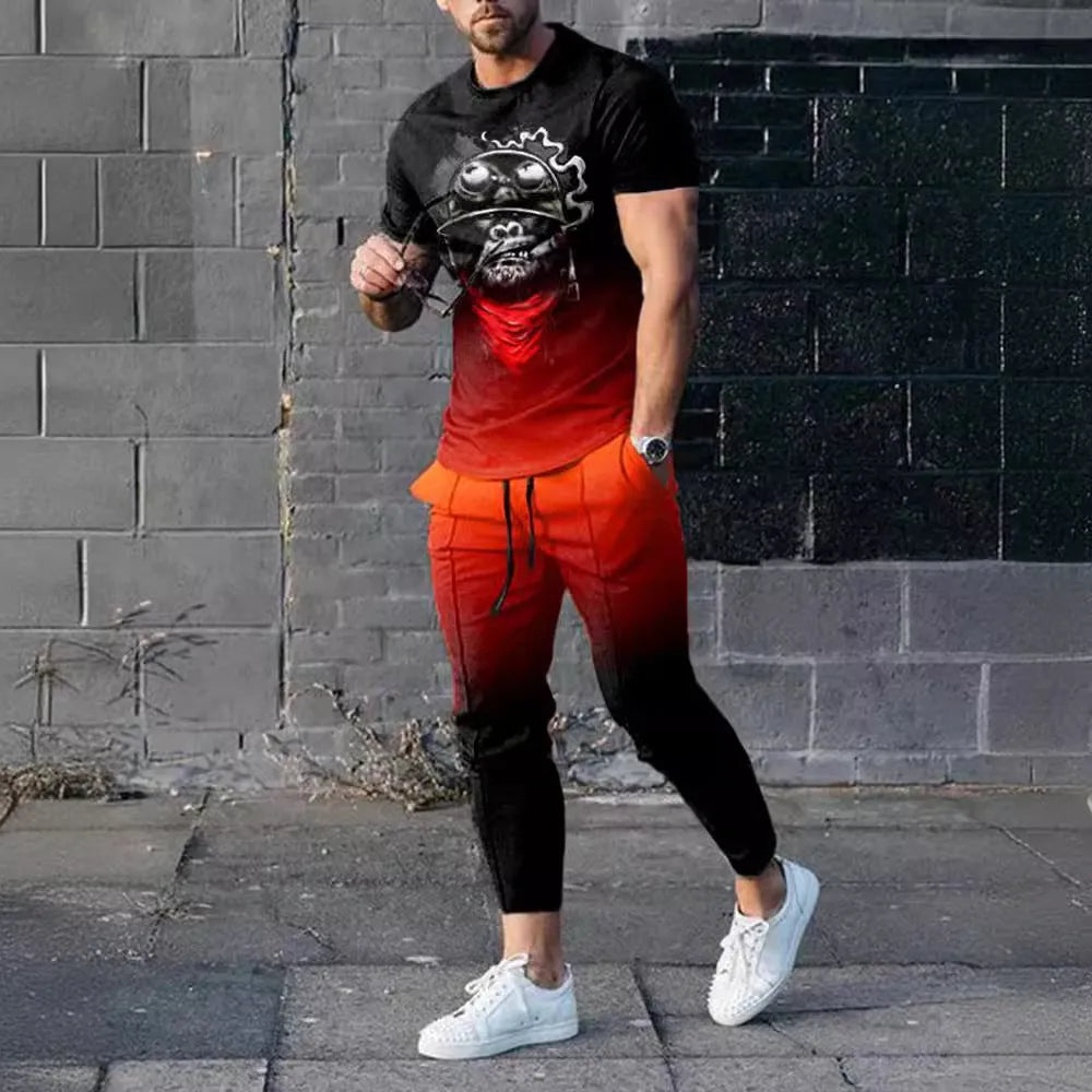 Man wearing a thin, short-sleeve polyester blend pullover and matching trousers from a sports tracksuit set.