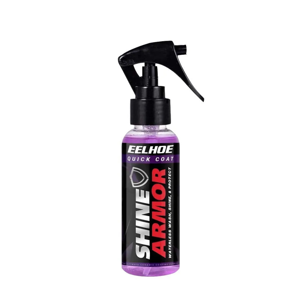 Purple spray bottle of automobile nano coating agent with microplated crystal technology for car maintenance.