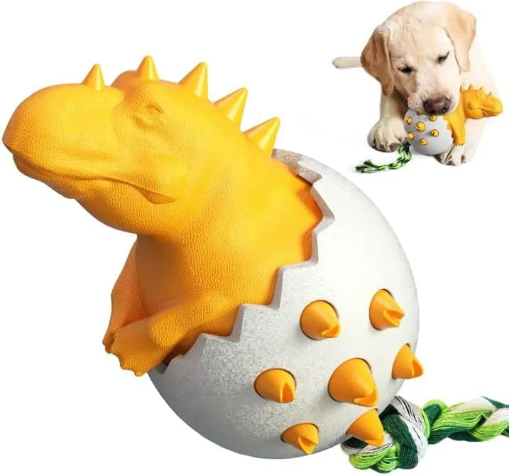 Blue durable dinosaur-shaped dog chew toy with an integrated rope and textured surface for dental care.