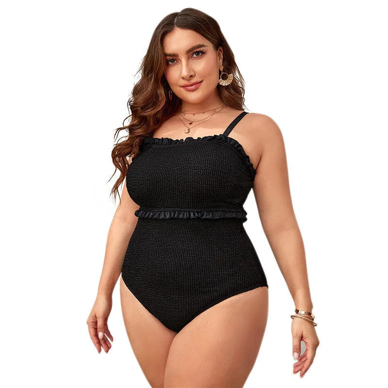 Black plus size swimsuit with double shoulder straps and belly coverage design