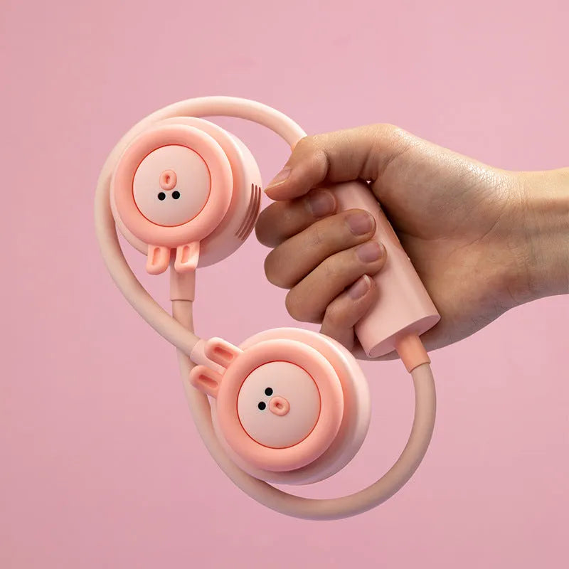 Pink folding hanging neck fan with leafless design and USB charging port