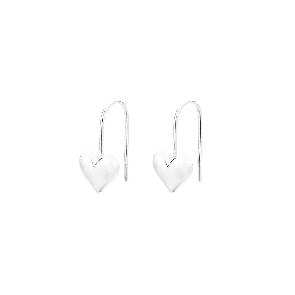 Korean style silver-coloured heart earrings with three-dimensional glossy finish and matching heart-shaped ear hooks