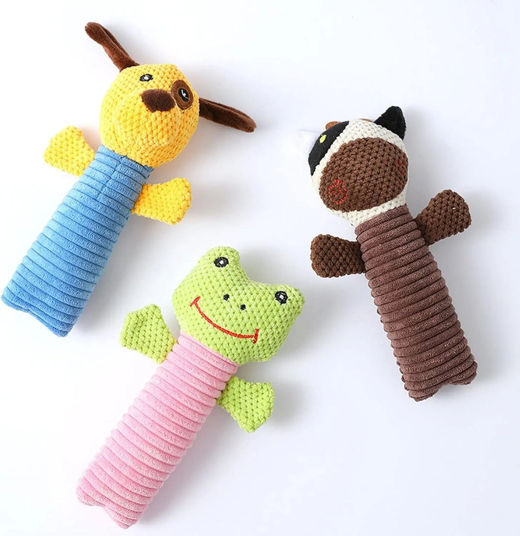 Soft plush dog squeaky chew toy in animal shapes including a calf, frog, and puppy, shown with scale for its 19cm by 5cm size.