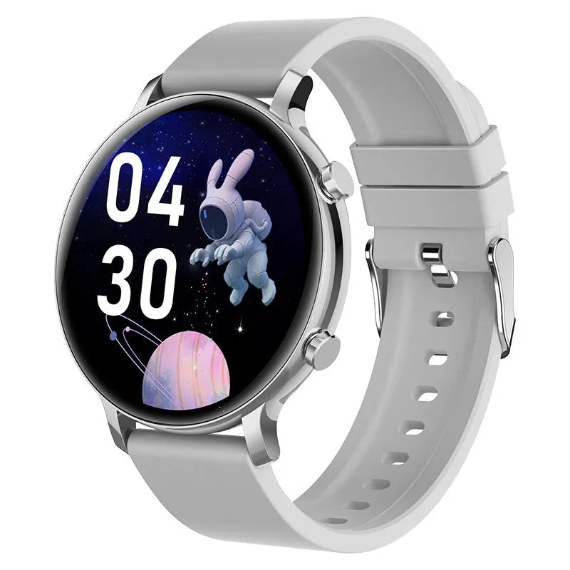 Stainless steel Bluetooth calling smartwatch with genuine leather strap showing screen display