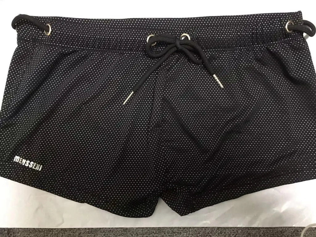 Men's low waist lace nylon boxer swimming trunks in multiple colours on a white background