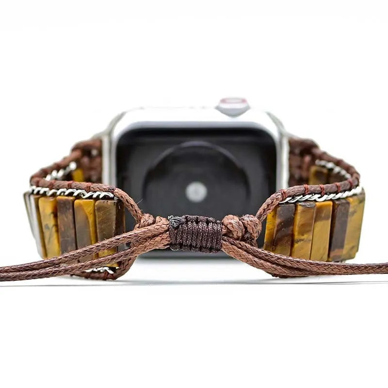 Men's rectangular tiger eye stone pattern textile watch strap with adjustable chain.