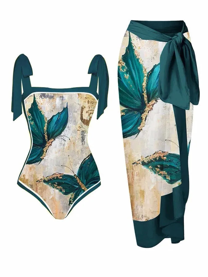 Women's floral print two-piece chiffon swimsuit with matching skirt in multiple colour options
