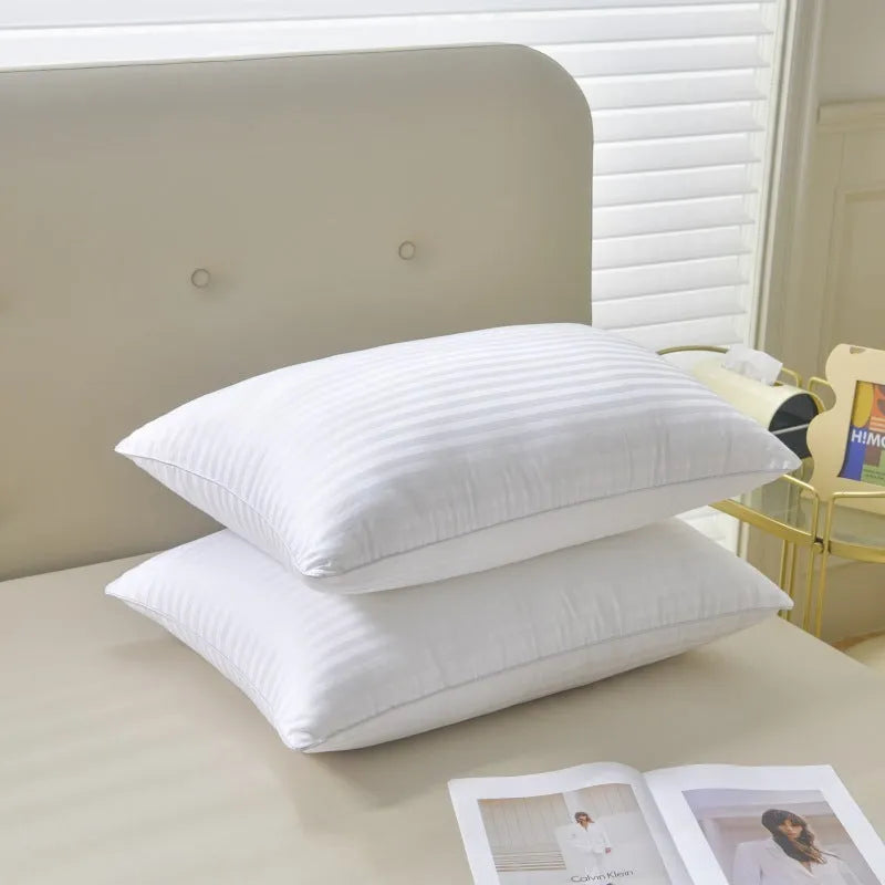 White hotel pillow with satin stripe or plain cotton cover, shown in 45x65cm, 48x74cm, and 50x80cm sizes.
