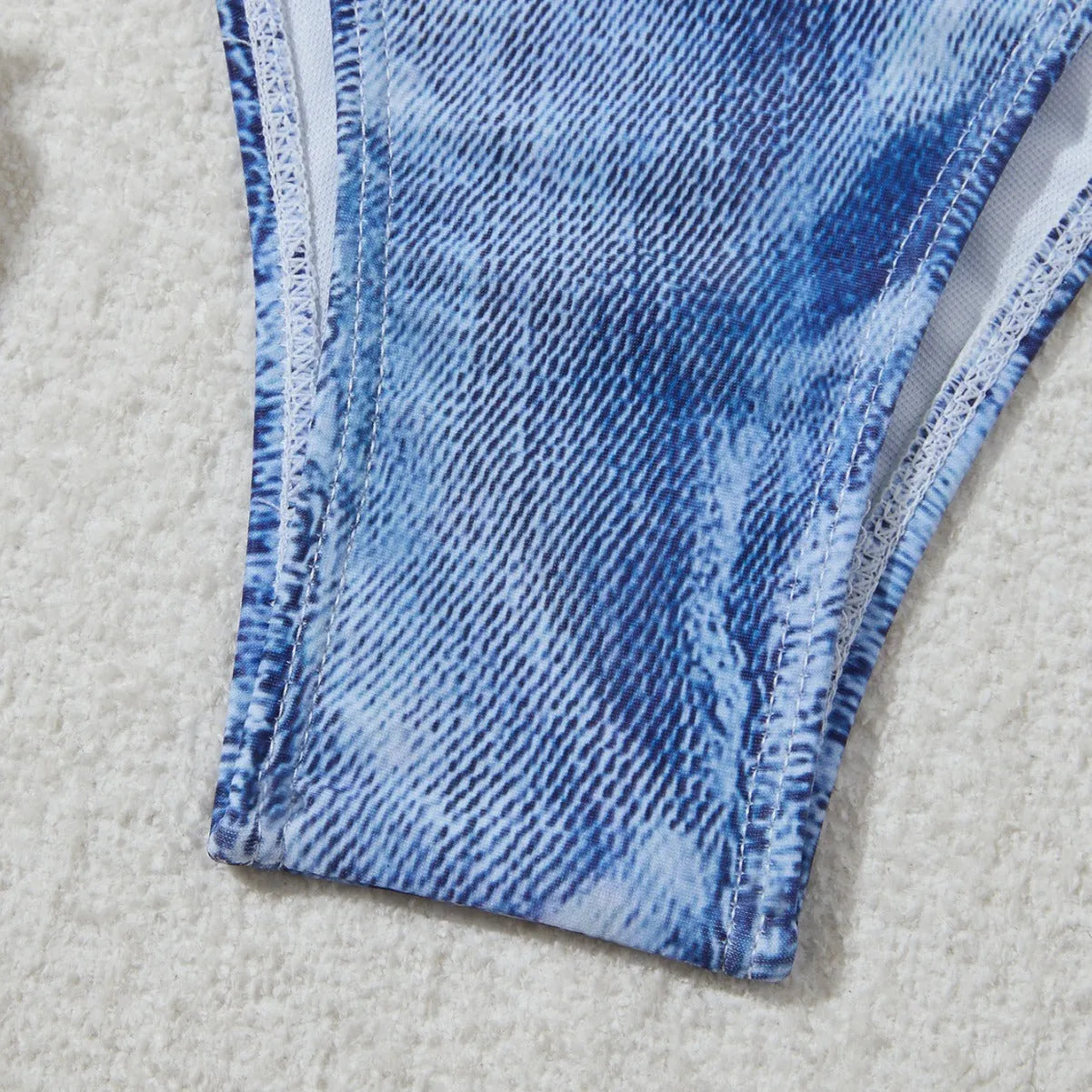 Women's denim blue printed bikini swimsuit with adjustable straps