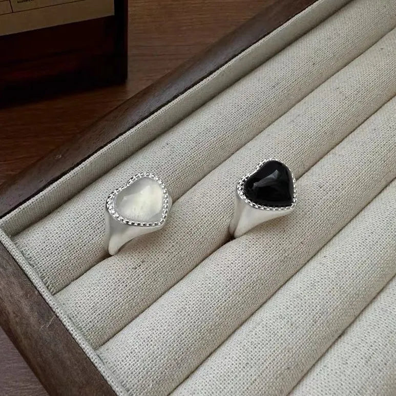 S925 sterling silver adjustable heart agate ring with black stone and open mouth design