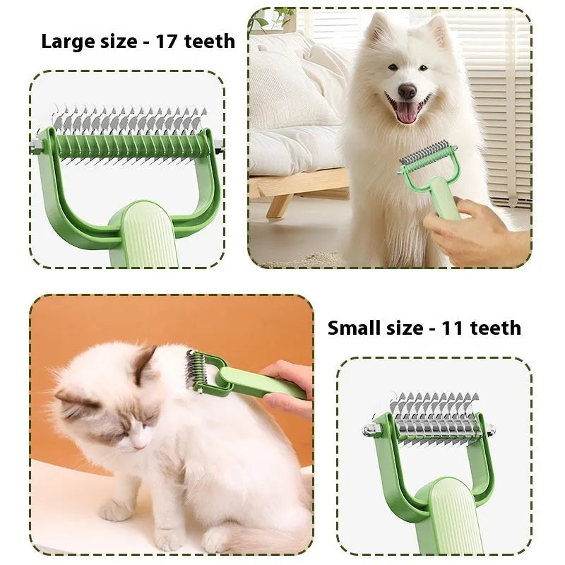 Dog grooming unknotting comb with green PP handle and stainless steel teeth