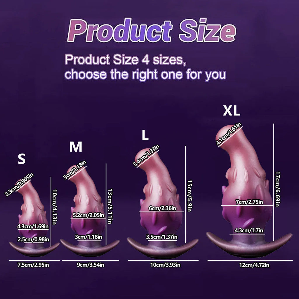 Unisex liquid silicone masturbator in black, gold, or purple colour, shown with size options S, M, L, XL.