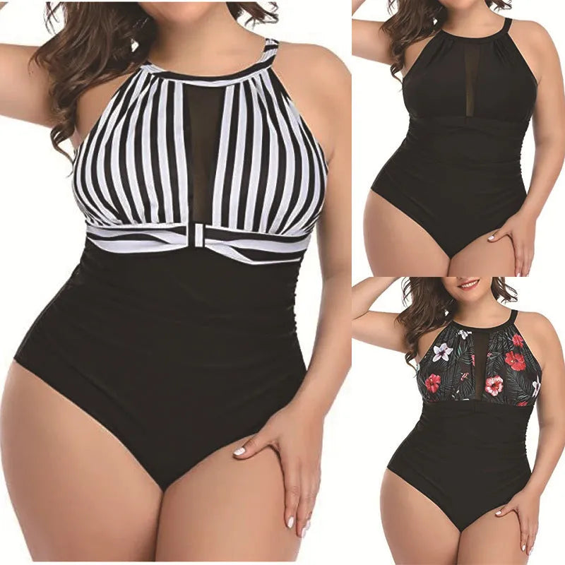 Women's black lace one-piece swimsuit on a hanger, plus size, European and American fit.