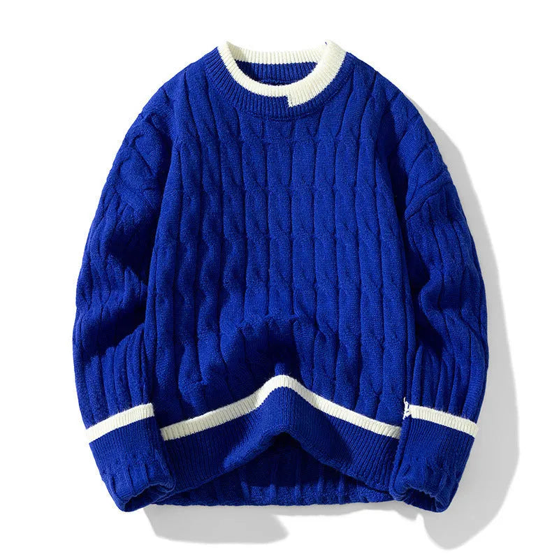 Man wearing a two-piece loose fit sweater in a sports style, showing the acrylic and modal fabric texture.