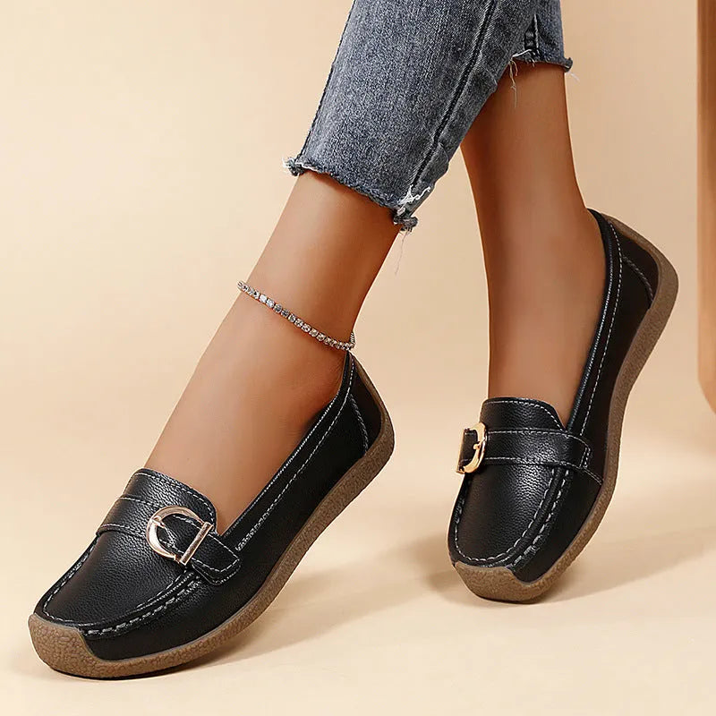 Women's casual loafers in artificial PU with beef tendon sole, round toe, and elasticated oversleeve in five colour options