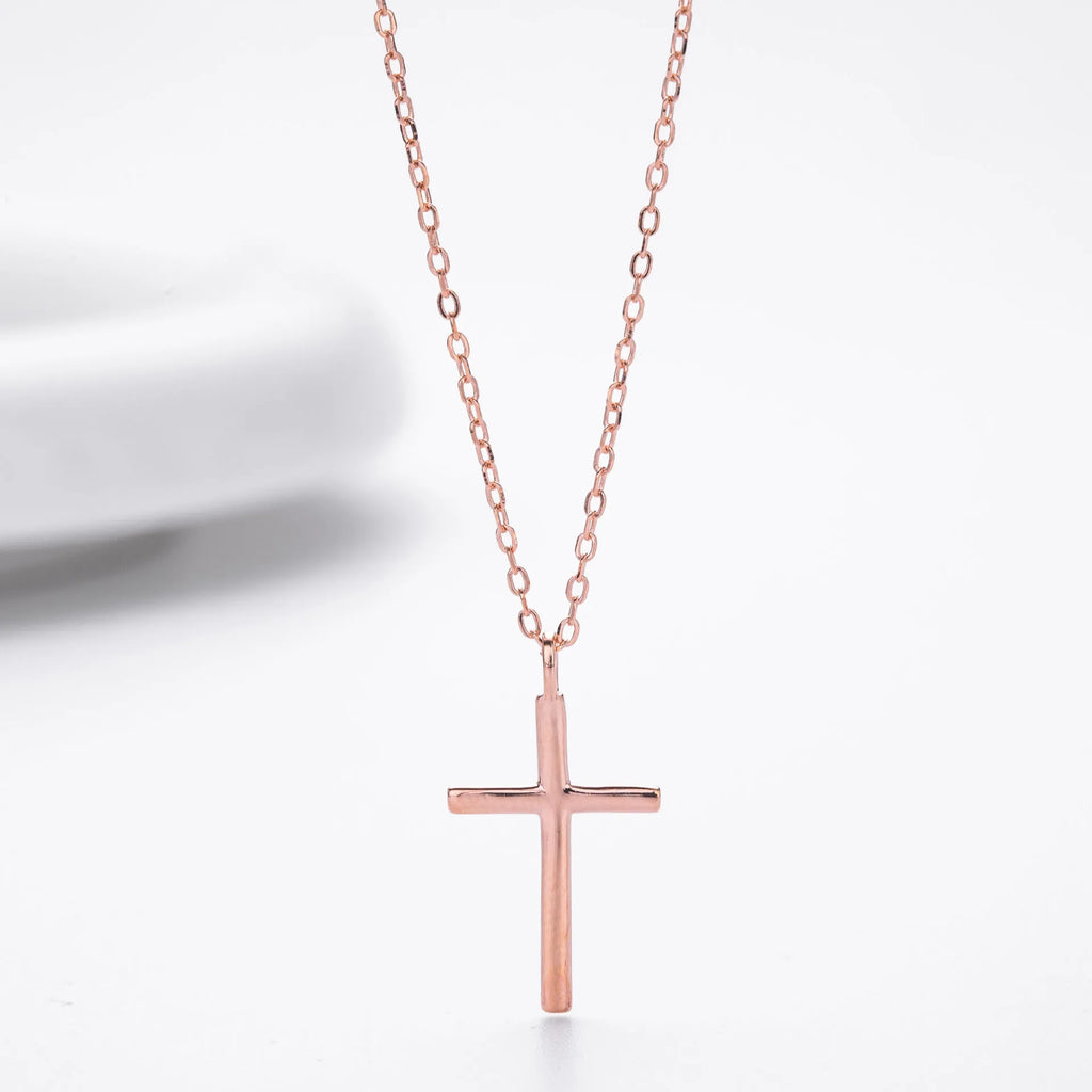 S925 sterling silver necklace with glossy cross pendant on O-shaped chain in gold, platinum or rose gold plating