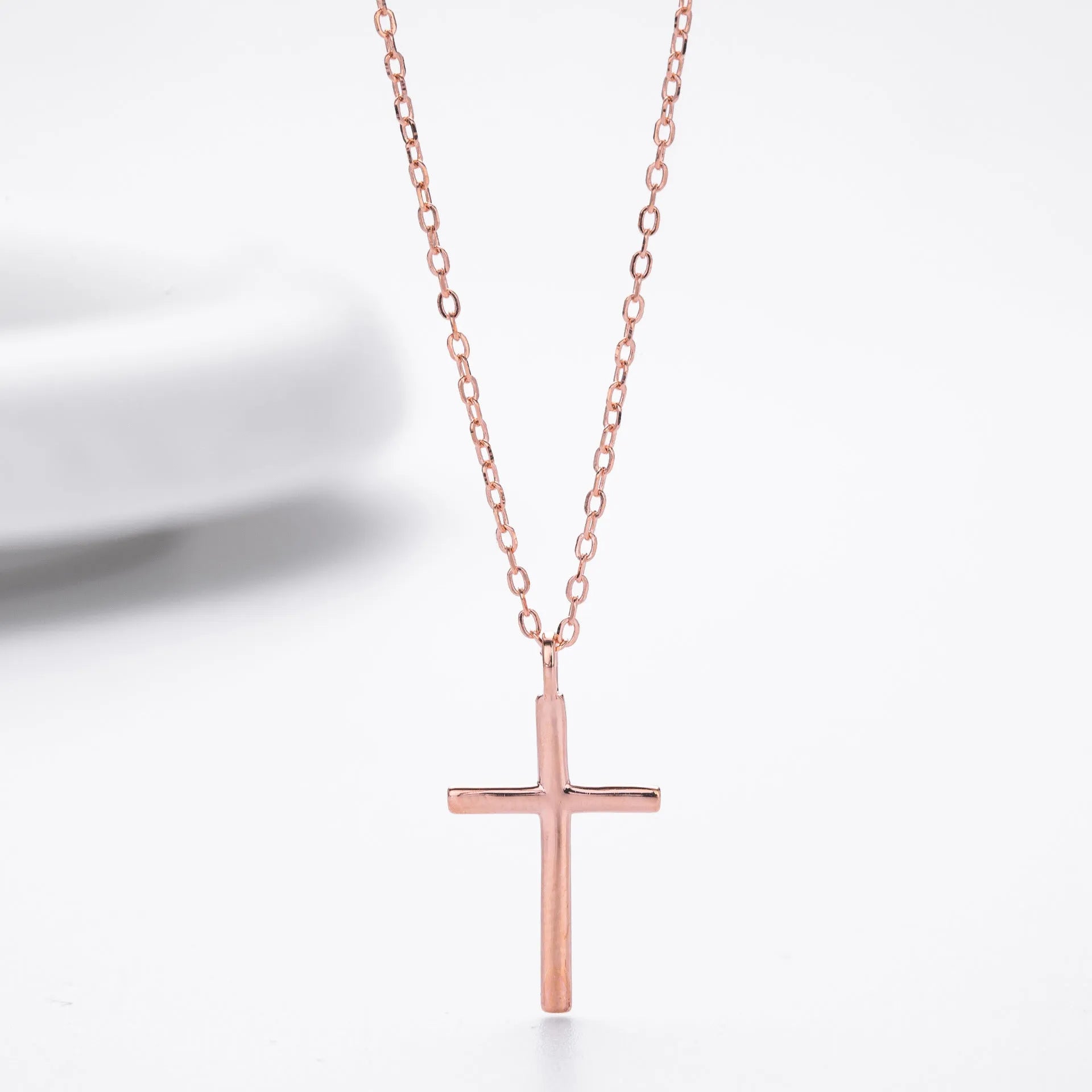 S925 sterling silver necklace with glossy cross pendant on O-shaped chain in gold, platinum or rose gold plating