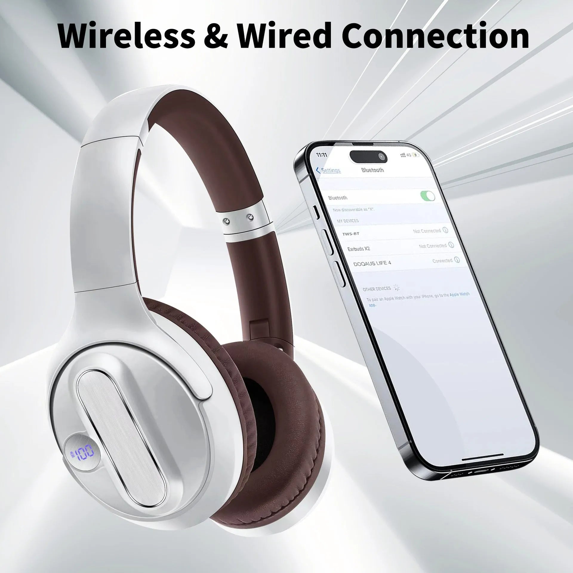 Retro wireless Bluetooth headset with digital power display in black plastic, head-mounted design
