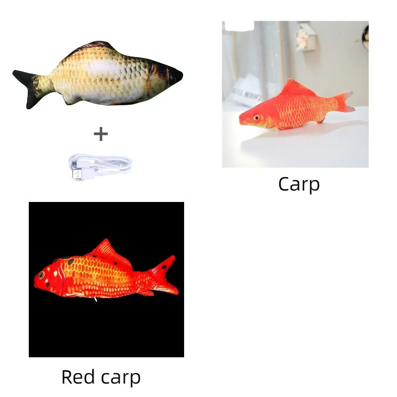 Multicolour electronic fish cat toy measuring 30cm with USB charging cable