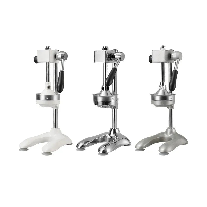 Vertical stainless steel manual citrus juicer shown in selected colour with chosen head style: pointed, flat, or double.