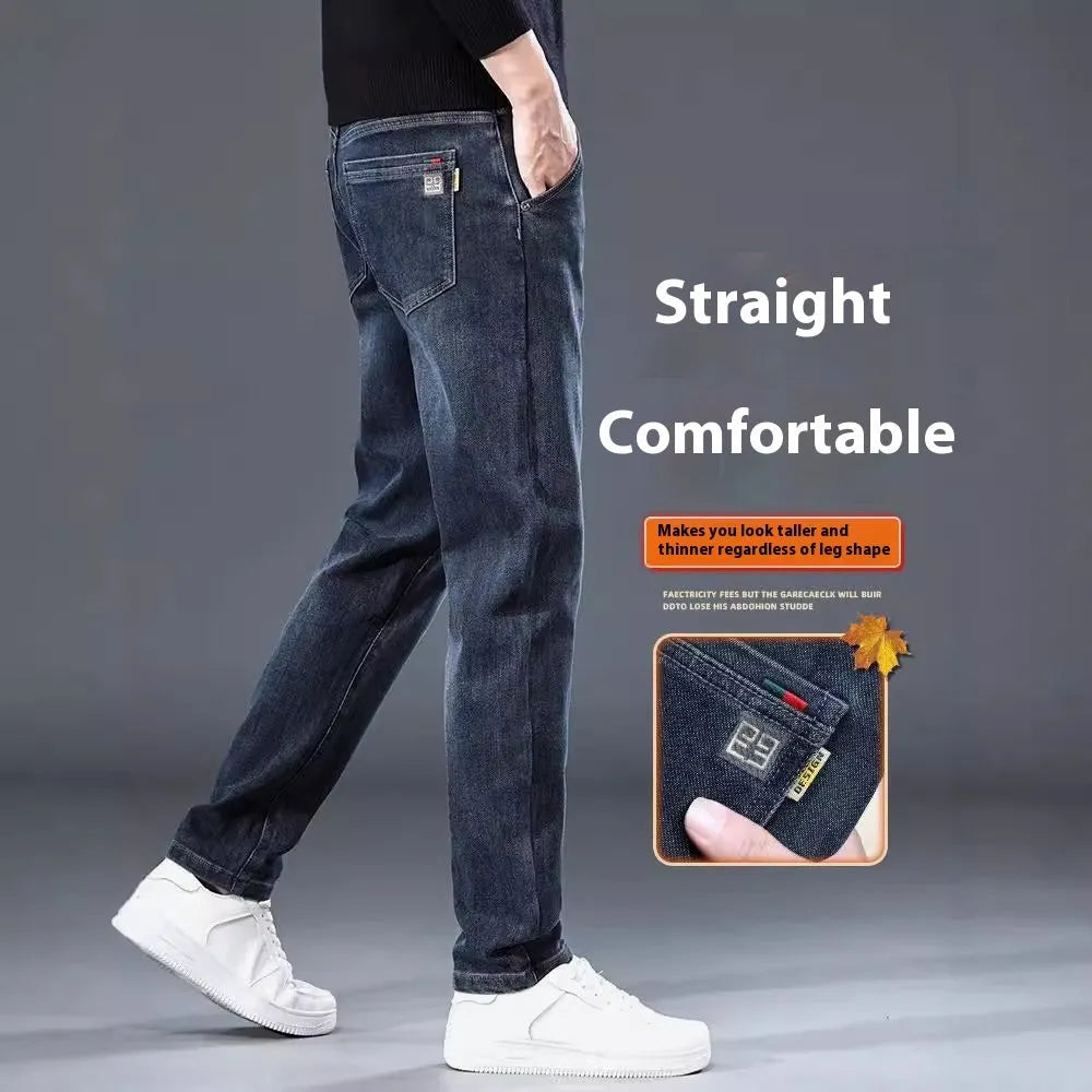 Blue grey slim straight casual men's trousers with a loose fit and mid waist.