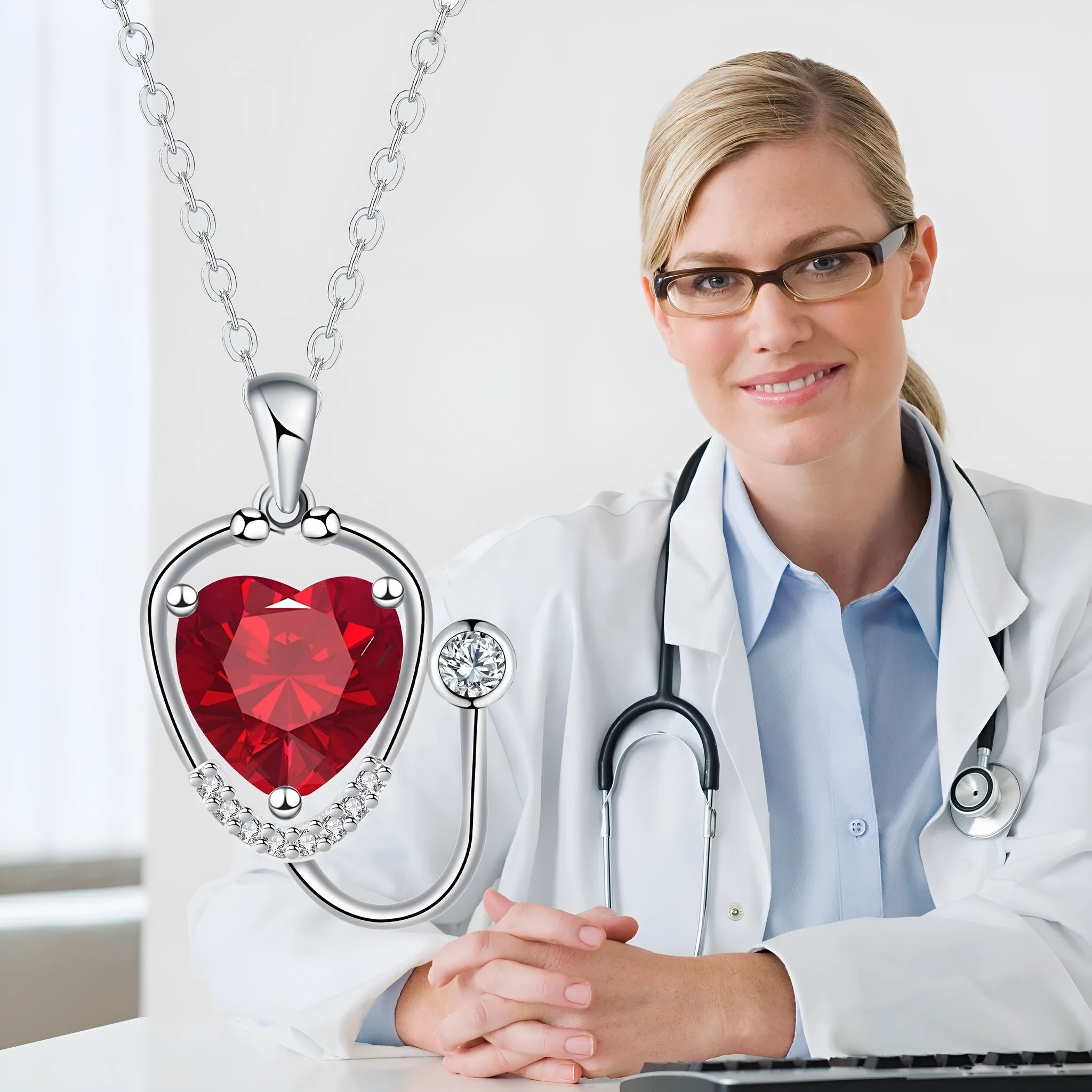 Women's copper necklace with a stethoscope pendant in a red diamond colour.