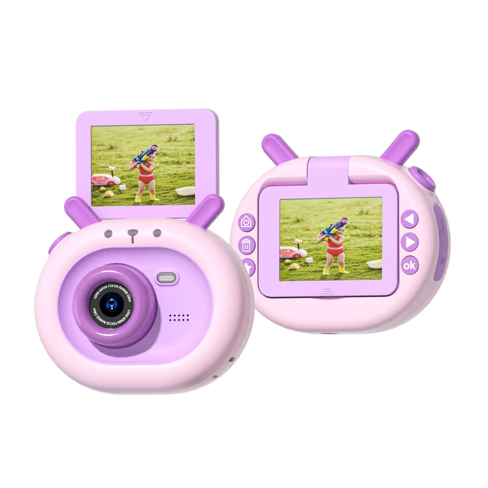 Purple and dark green children's digital camera with flip screen showing dimensions 9.8 x 7.9 x 3.8 cm