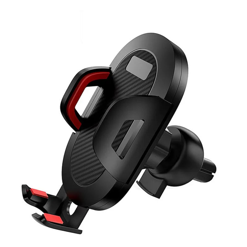Black and grey auto-lock car phone holder mounted on a car air vent.