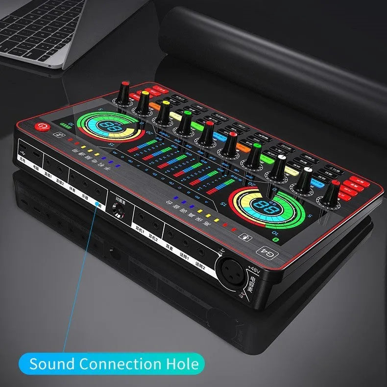 G4 professional live sound card mixer with LCD screen, control knobs, and included microphone on a desk