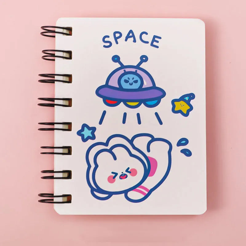 Astronaut pocket flipper notebook showing 10.5x8cm size with space-themed cover designs