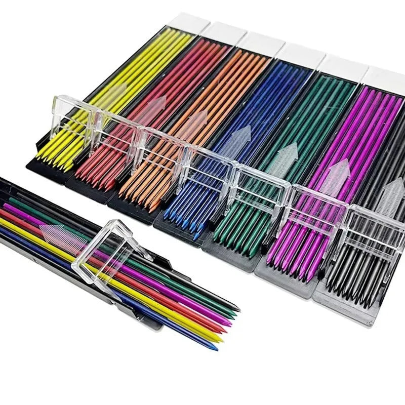 Box of 12 rainbow-coloured 0.5mm mechanical pencil lead refills with plastic barrels