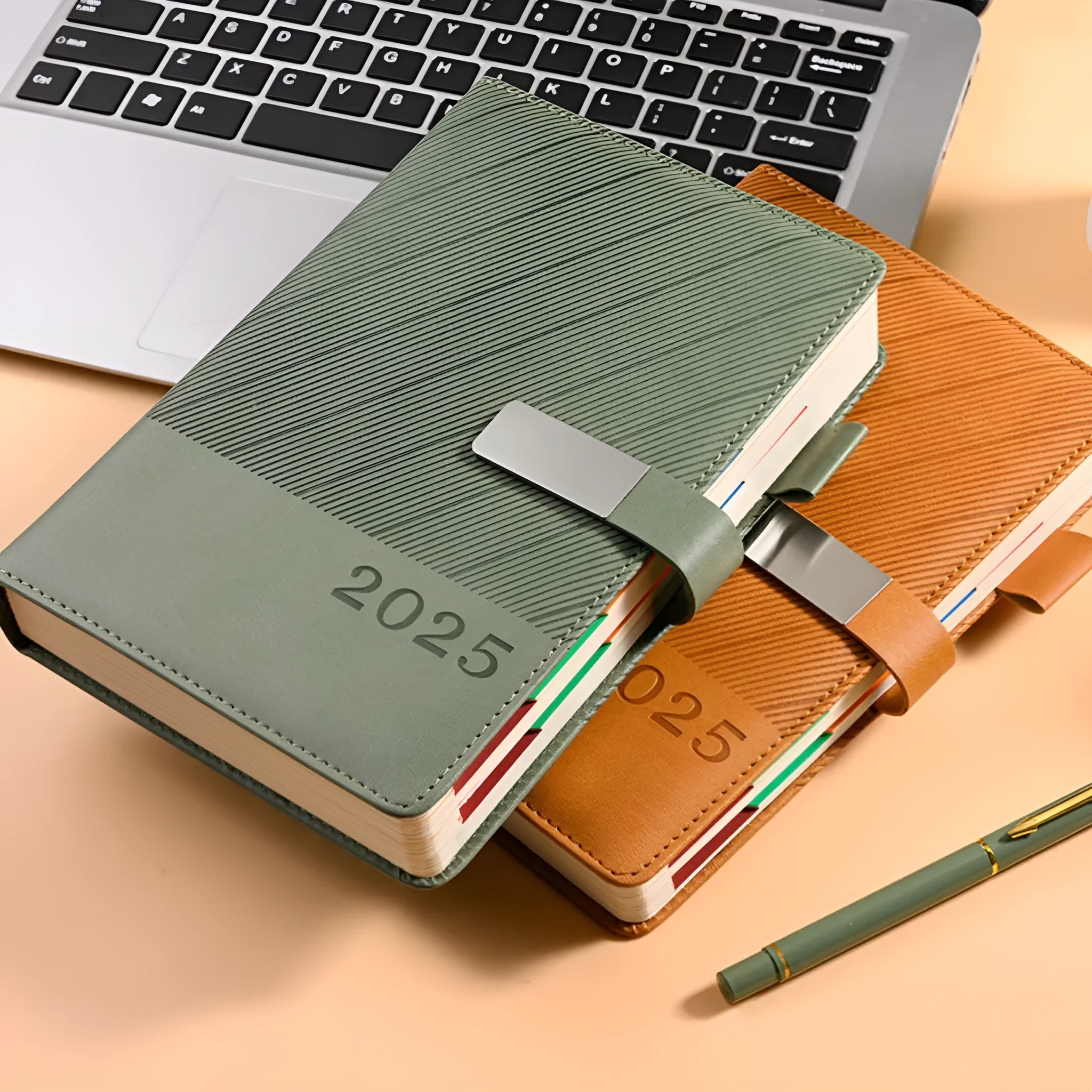 A5 PU leather notepad with striped cover showing bean green colour option next to open pages