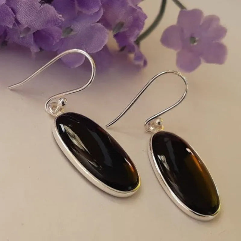 Black agate pendant women's earrings with geometric Chinese design and 925 silver electroplated finish